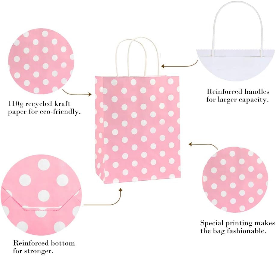 Gift Bags 25Pcs 8X4.25X10.5 Inches Shopping Bags, Paper Bags, Kraft Bags, Retail Bags, Holiday Party Bags, Pink Dot Paper Bags with Handles, Pink Paper Gift Bags