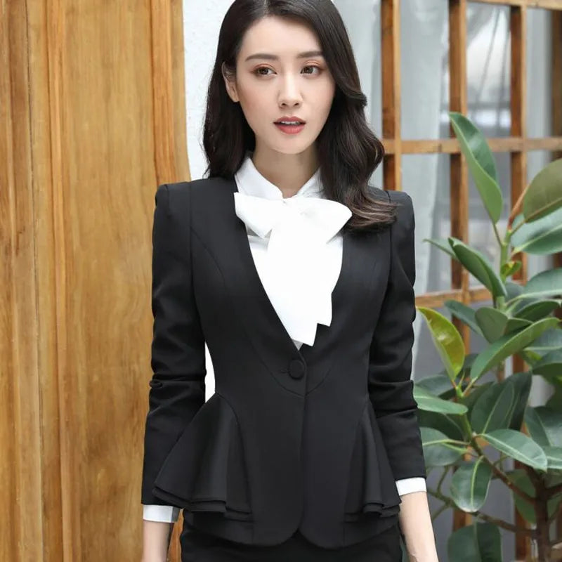 Fashion Elegant Red Women Blazer New Winter Formal Business Ruffles Slim V Neck Jacket Office Ladies Work Coat