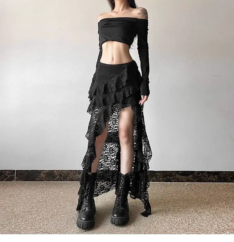 Gothic Skirt 2000s Summer Women's Clothes Gyaru Kpop Streetwear Lace High waist Casual Aesthetic Long Skrit Femme Hip hop Skirts