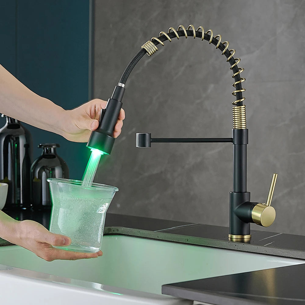 Kitchen Faucets Black Brass Faucets for Kitchen Sink Single Lever Pull Down Spring Spout Mixers Tap Hot Cold Water Crane 9009