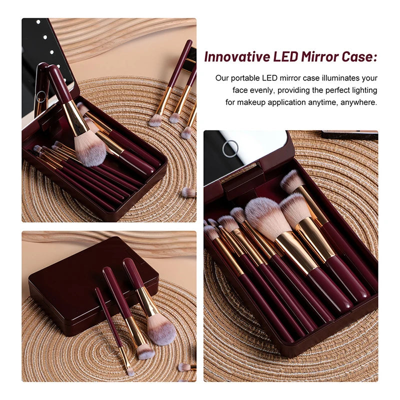 14-Piece Makeup Brush Set with Illuminated Mirror, Portable Short Handle,Led Light,Usb Rechargeable Makeup Brushes Kit