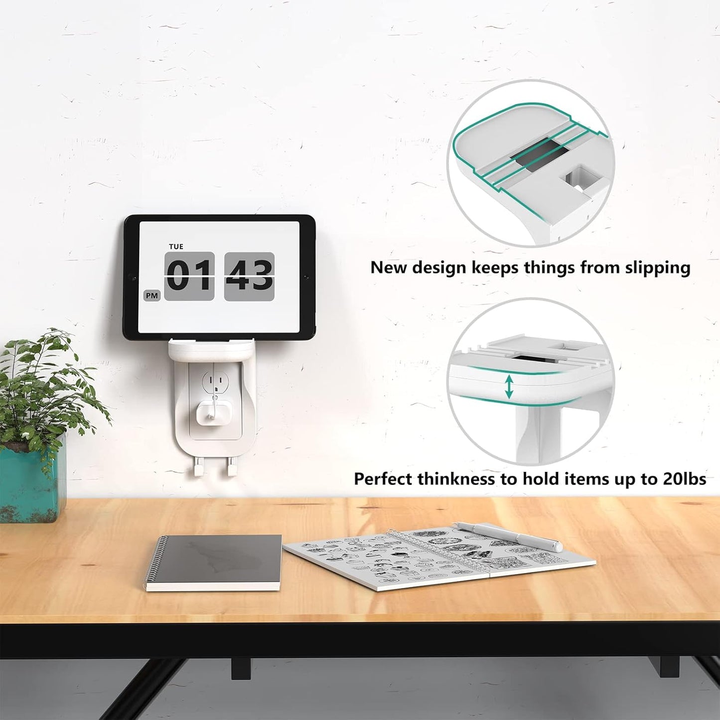 Outlet Shelf Wall Holder, Fit for Duplex GFCI Decorative Outlet Shell a Space Saving for Smart Home, Speaker Mounts up to 20Lbs with Cable Management (OSH001-W), White