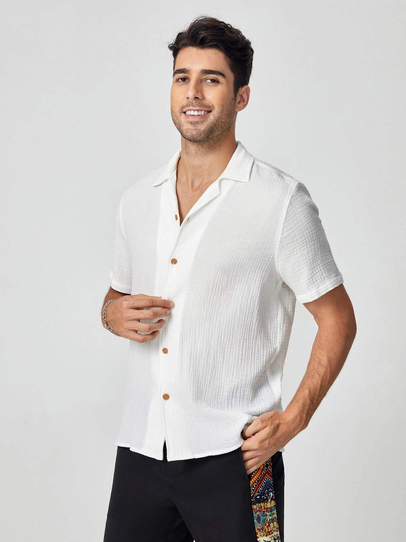 Manfinity Modagents Men Cotton Solid Textured Button Front Shirt