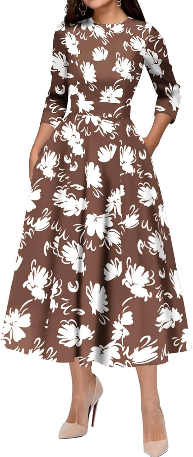Slim Fit Waist Retro Printed Dress Women With Pockets