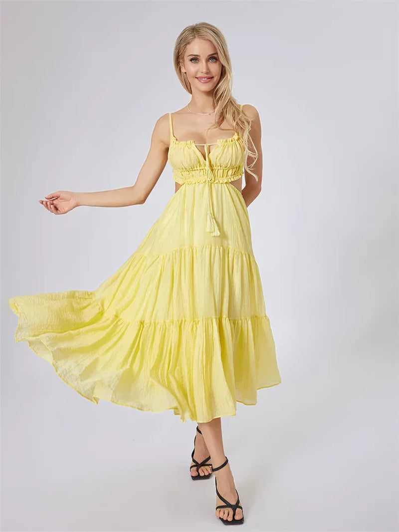 2024 Summer Women Flowy Long Dress Spaghetti Strap Cut Out Backless Ruffle A-Line Dress Bohemian Party Holiday Casual Sundress