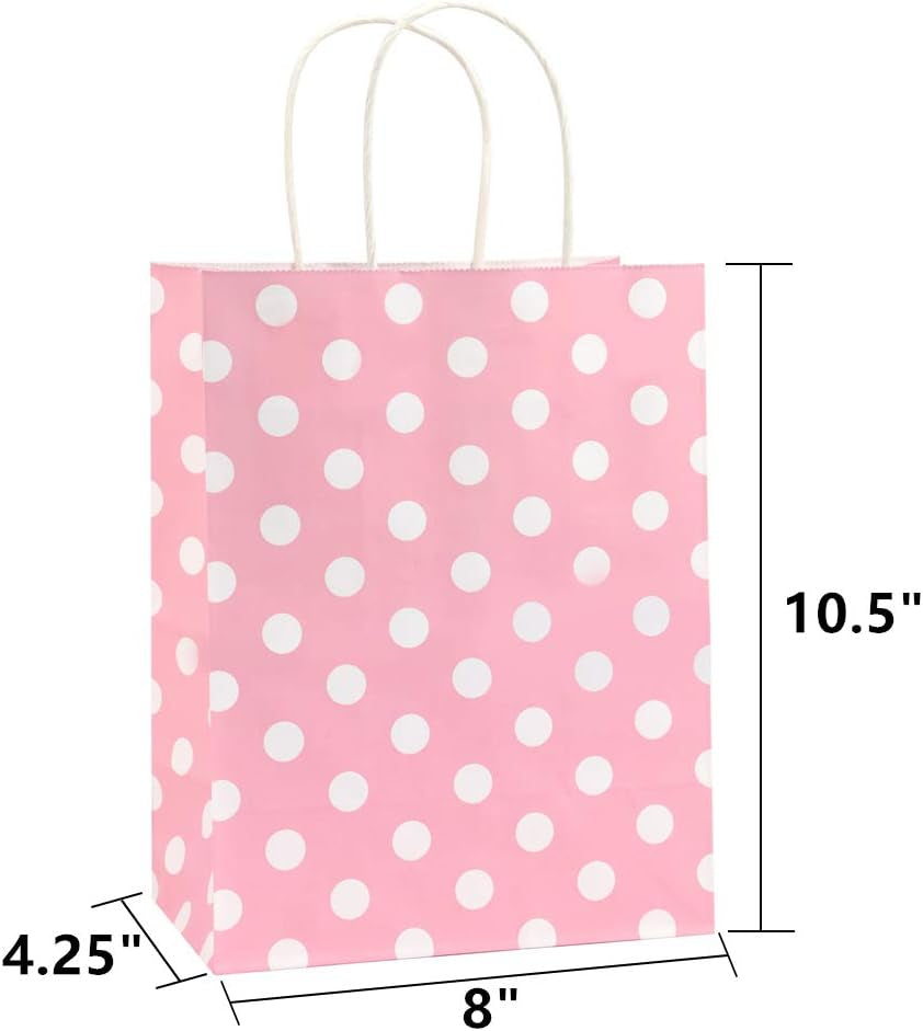 Gift Bags 25Pcs 8X4.25X10.5 Inches Shopping Bags, Paper Bags, Kraft Bags, Retail Bags, Holiday Party Bags, Pink Dot Paper Bags with Handles, Pink Paper Gift Bags