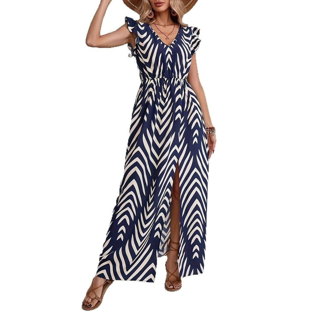 Printed Front Slit Waist V-neck Women's Elegant Dress