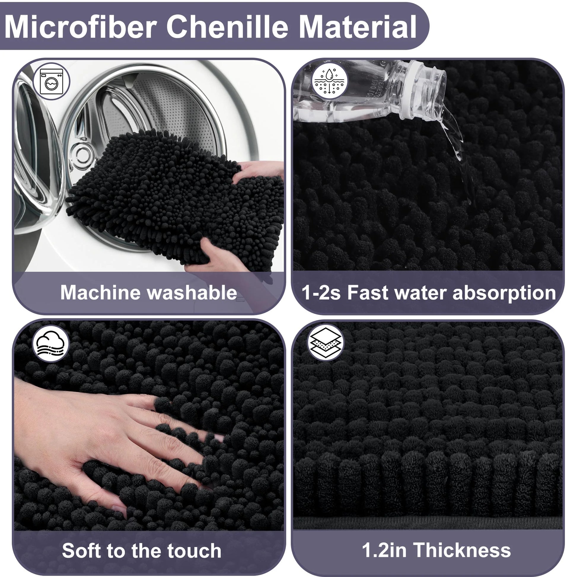 Chenille Bathroom Rugs, 20"X32" Bathroom Rugs Absorbent and Non Slip Ultra Thick Soft Machine Washable Bath Rugs, Black