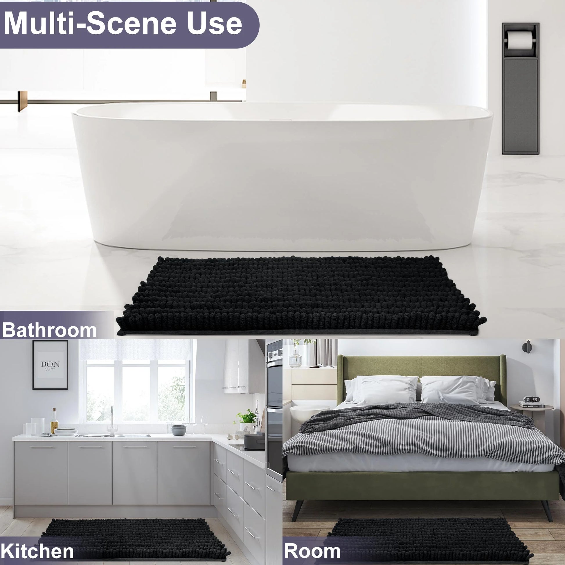 Chenille Bathroom Rugs, 20"X32" Bathroom Rugs Absorbent and Non Slip Ultra Thick Soft Machine Washable Bath Rugs, Black
