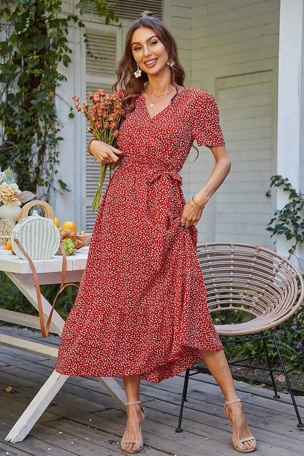 Women'S Summer Floral Boho Maxi Dress Wrap Short Sleeve V Neck Ruffle A-Line Flowy Wedding Guest Long Dresses
