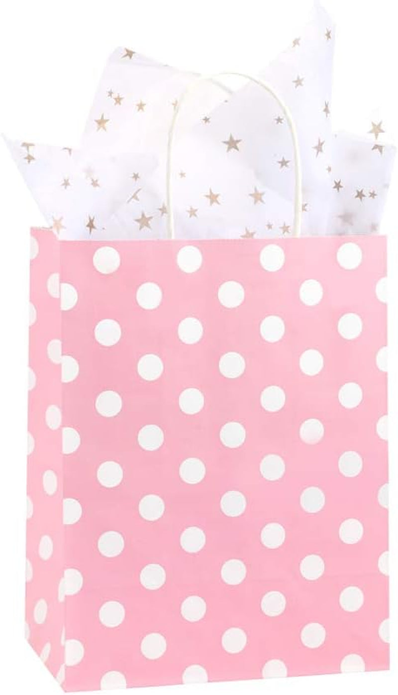 Gift Bags 25Pcs 8X4.25X10.5 Inches Shopping Bags, Paper Bags, Kraft Bags, Retail Bags, Holiday Party Bags, Pink Dot Paper Bags with Handles, Pink Paper Gift Bags