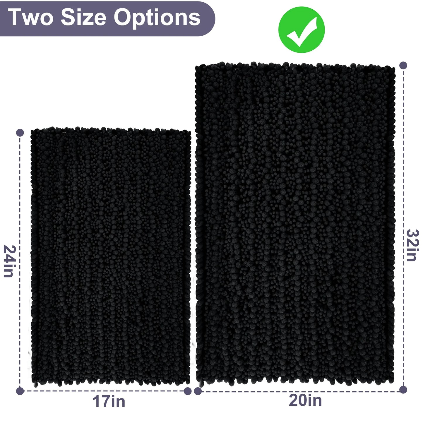 Chenille Bathroom Rugs, 20"X32" Bathroom Rugs Absorbent and Non Slip Ultra Thick Soft Machine Washable Bath Rugs, Black