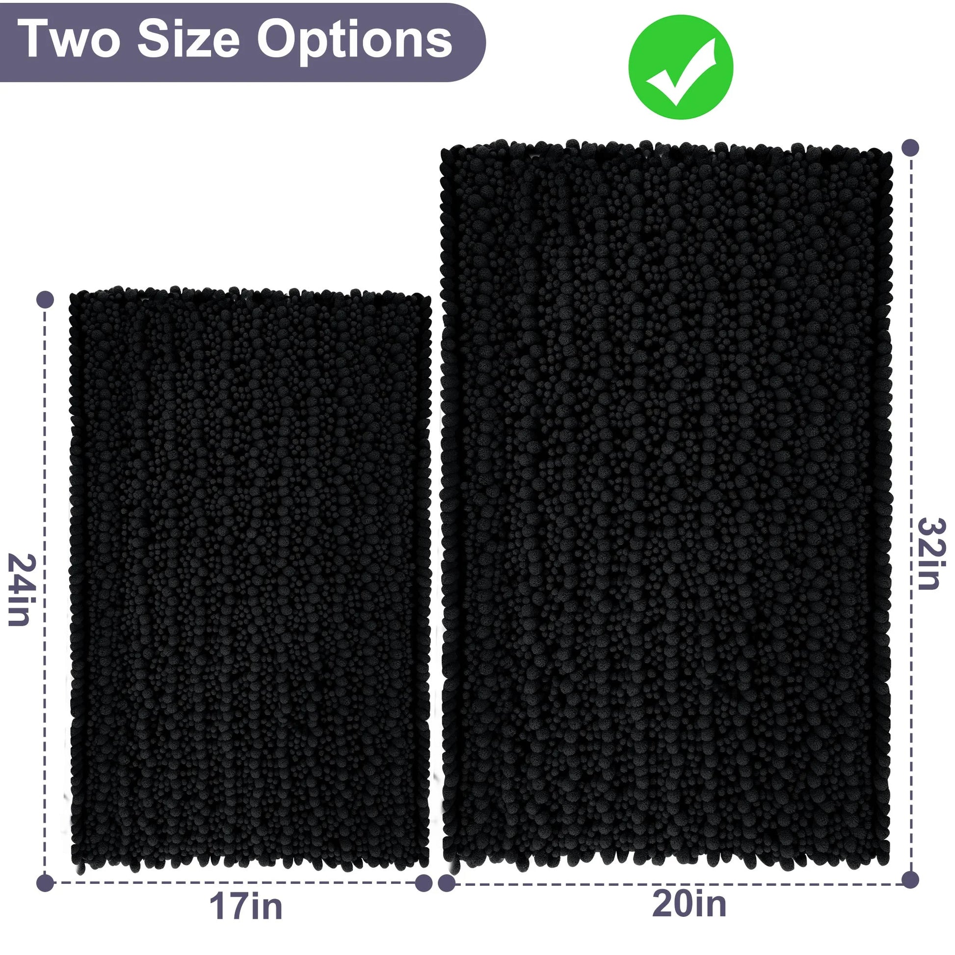 Chenille Bathroom Rugs, 20"X32" Bathroom Rugs Absorbent and Non Slip Ultra Thick Soft Machine Washable Bath Rugs, Black