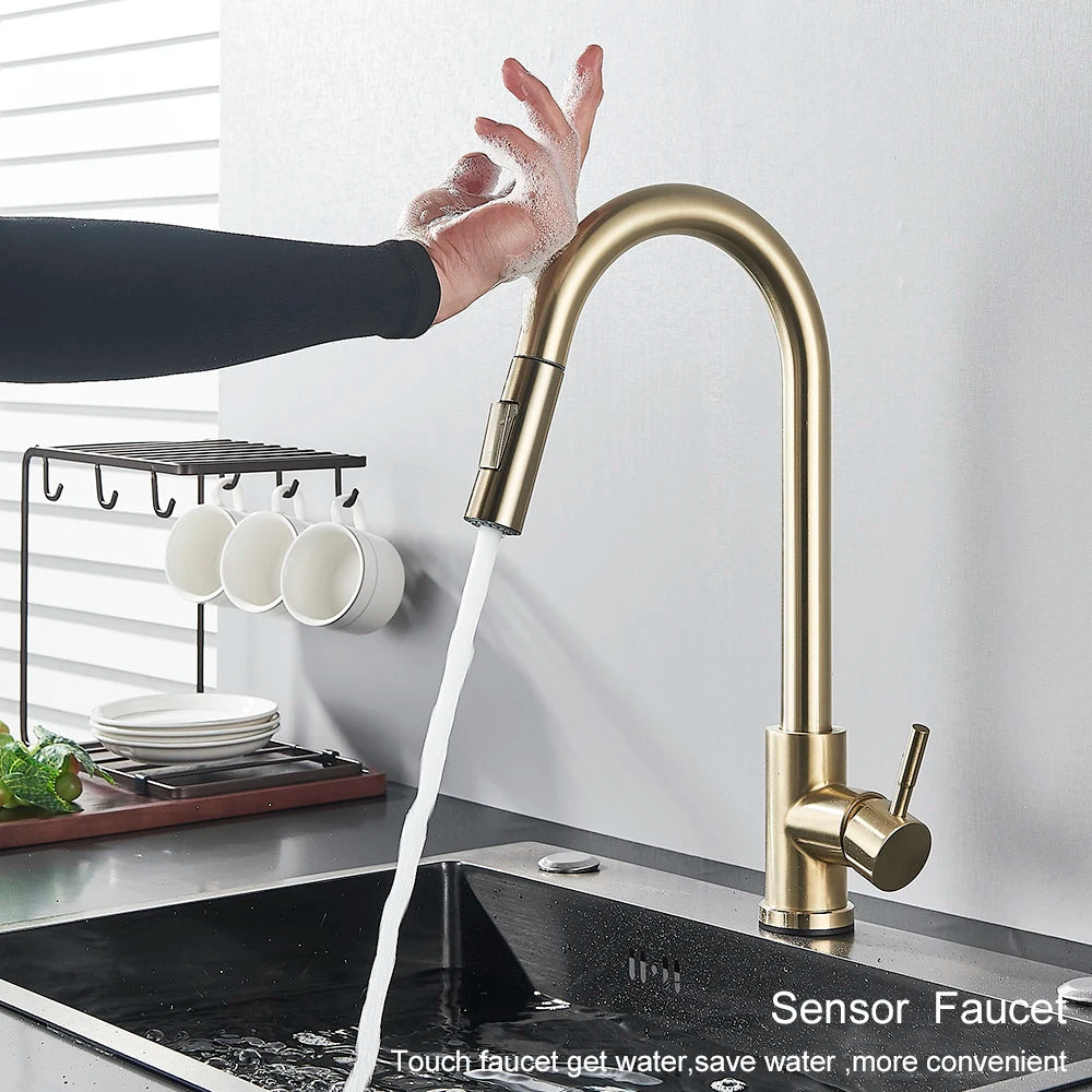 Pull Out Sensor Gold Kitchen Faucet  Sensitive Touch Control Faucet Mixer For Kitchen Touch Sensor Kitchen Mixer Tap