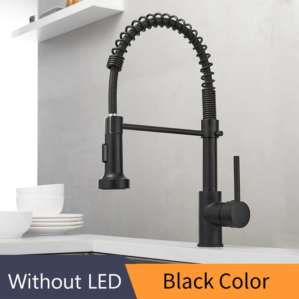 Kitchen Faucets Black Brass Faucets for Kitchen Sink  Single Lever Pull Down Spring Spout Mixers Tap Hot Cold Water Crane 9009