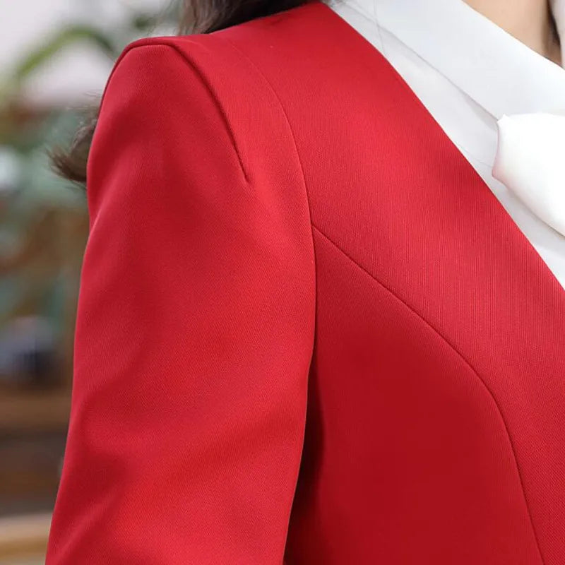 Fashion Elegant Red Women Blazer New Winter Formal Business Ruffles Slim V Neck Jacket Office Ladies Work Coat