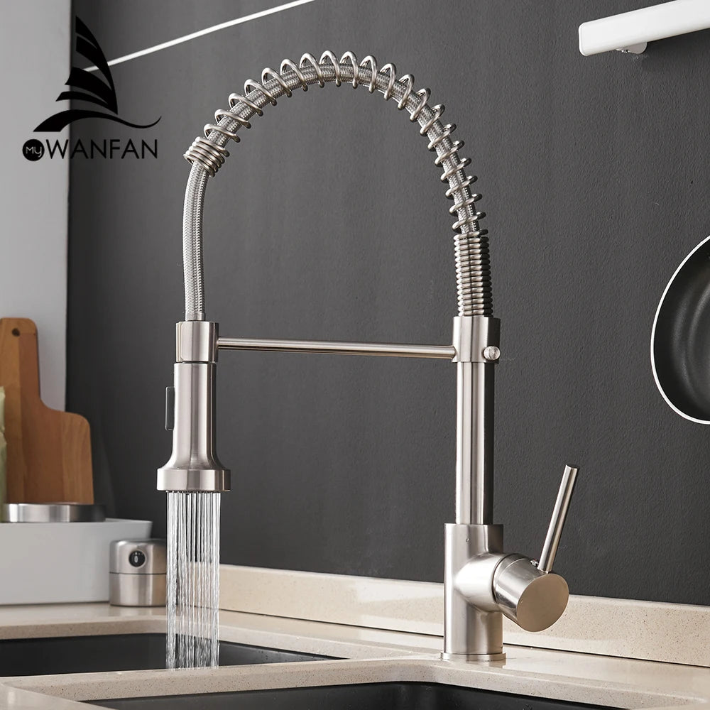 Kitchen Faucets Black Brass Faucets for Kitchen Sink  Single Lever Pull Down Spring Spout Mixers Tap Hot Cold Water Crane 9009