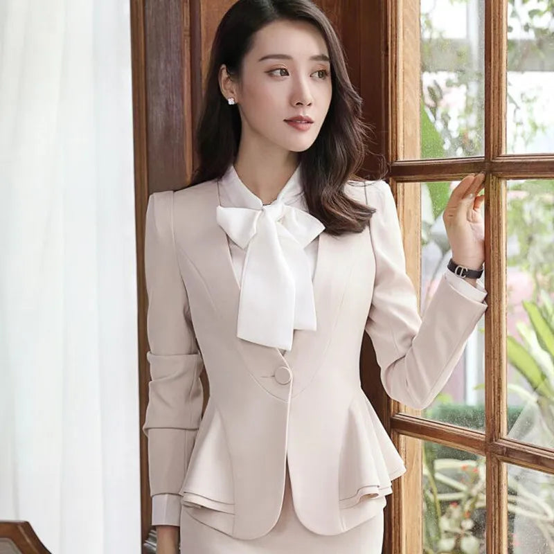 Fashion Elegant Red Women Blazer New Winter Formal Business Ruffles Slim V Neck Jacket Office Ladies Work Coat