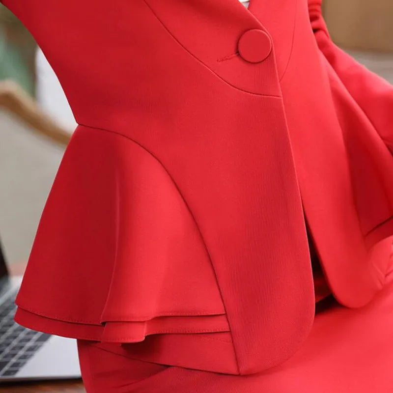 Fashion Elegant Red Women Blazer New Winter Formal Business Ruffles Slim V Neck Jacket Office Ladies Work Coat
