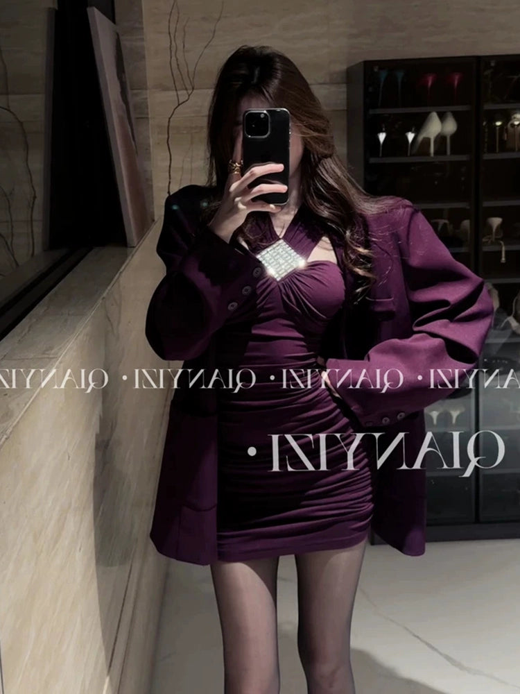 Pure Desire Sexy Halter Diamond Sleeveless Dress Women's Summer New Arrival Tight Waist Slim Looking Ruched Sexy Hip Skirt