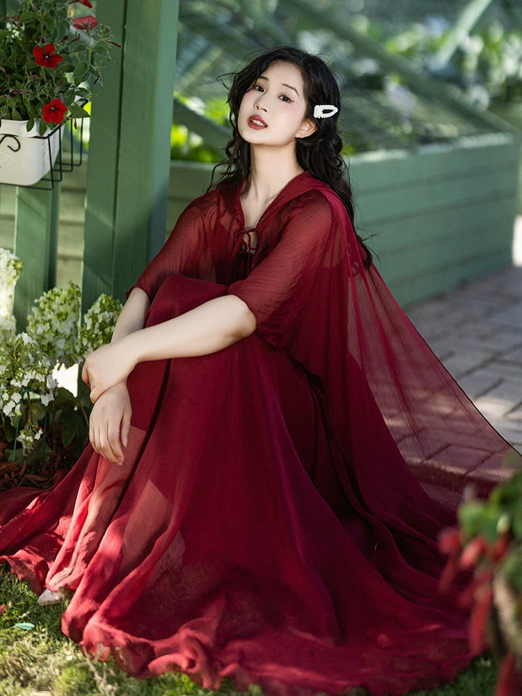 Retro Spaghetti Straps Dress Women's Summer Shawl Red Makeup