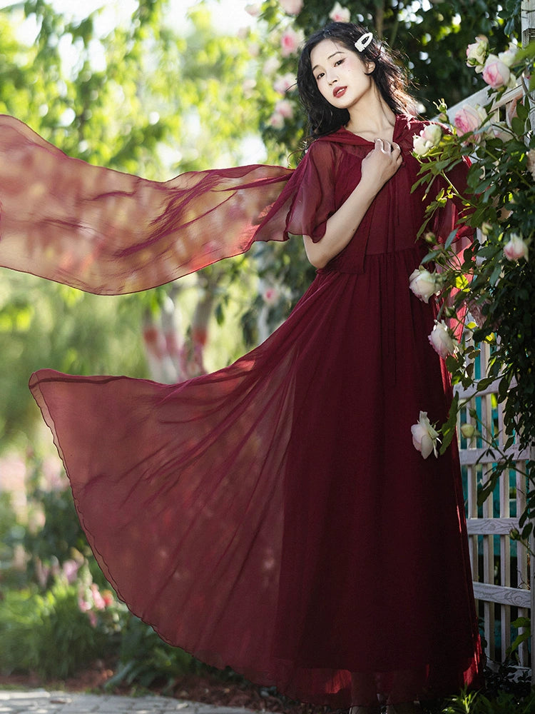 Retro Spaghetti Straps Dress Women's Summer Shawl Red Makeup