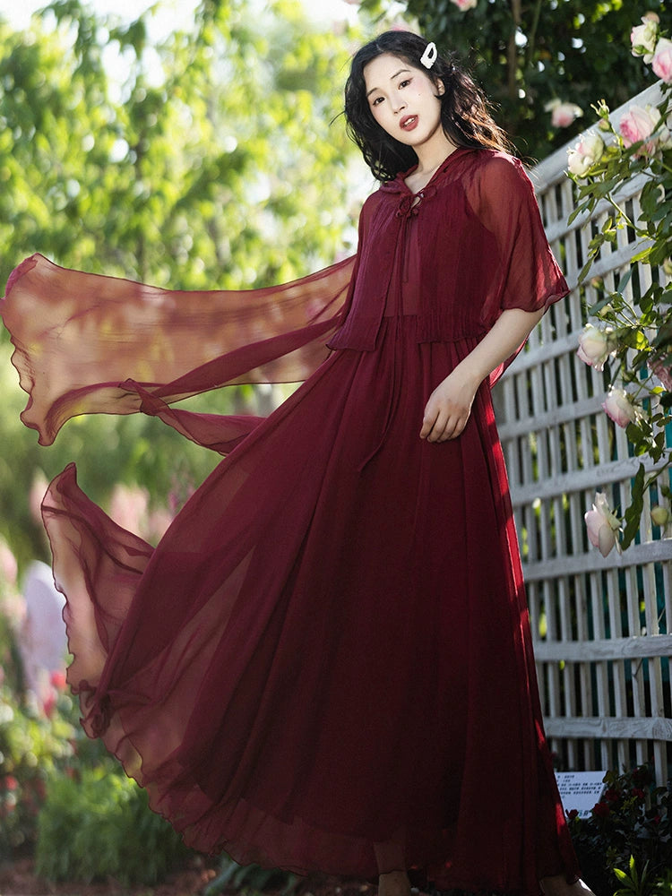 Retro Spaghetti Straps Dress Women's Summer Shawl Red Makeup
