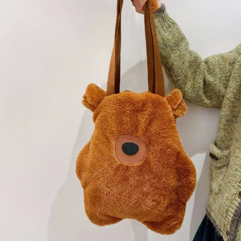 Tricolor Patch Biscuit Bear Cartoon Large Capacity Shoulder Bag
