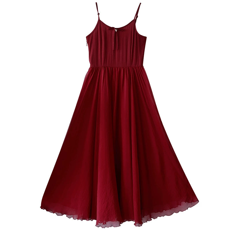 Retro Spaghetti Straps Dress Women's Summer Shawl Red Makeup