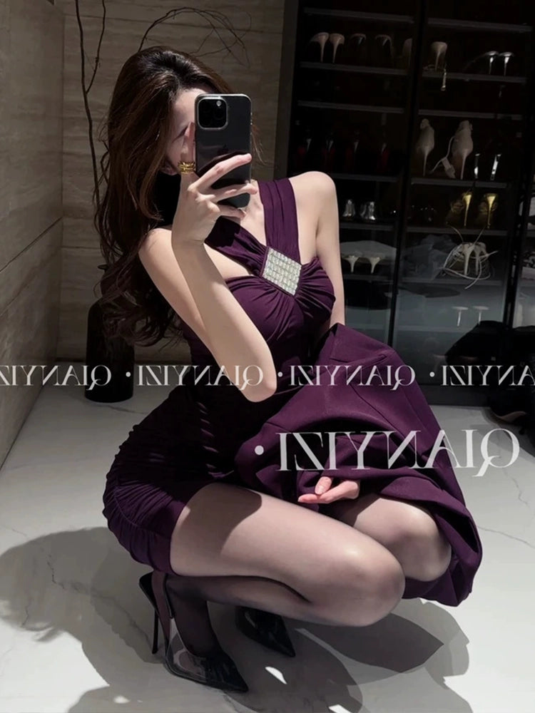 Pure Desire Sexy Halter Diamond Sleeveless Dress Women's Summer New Arrival Tight Waist Slim Looking Ruched Sexy Hip Skirt