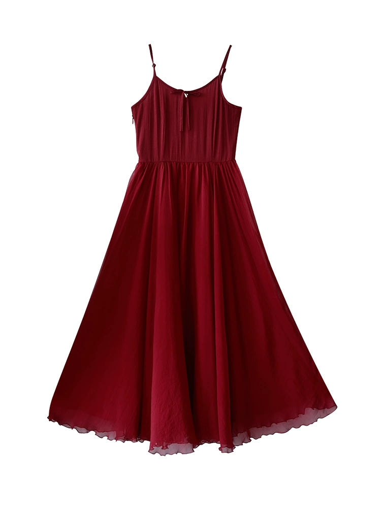 Retro Spaghetti Straps Dress Women's Summer Shawl Red Makeup