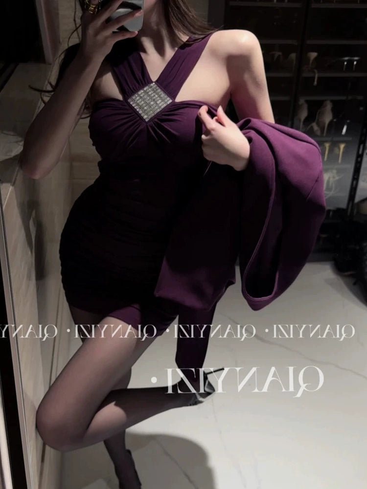 Pure Desire Sexy Halter Diamond Sleeveless Dress Women's Summer New Arrival Tight Waist Slim Looking Ruched Sexy Hip Skirt