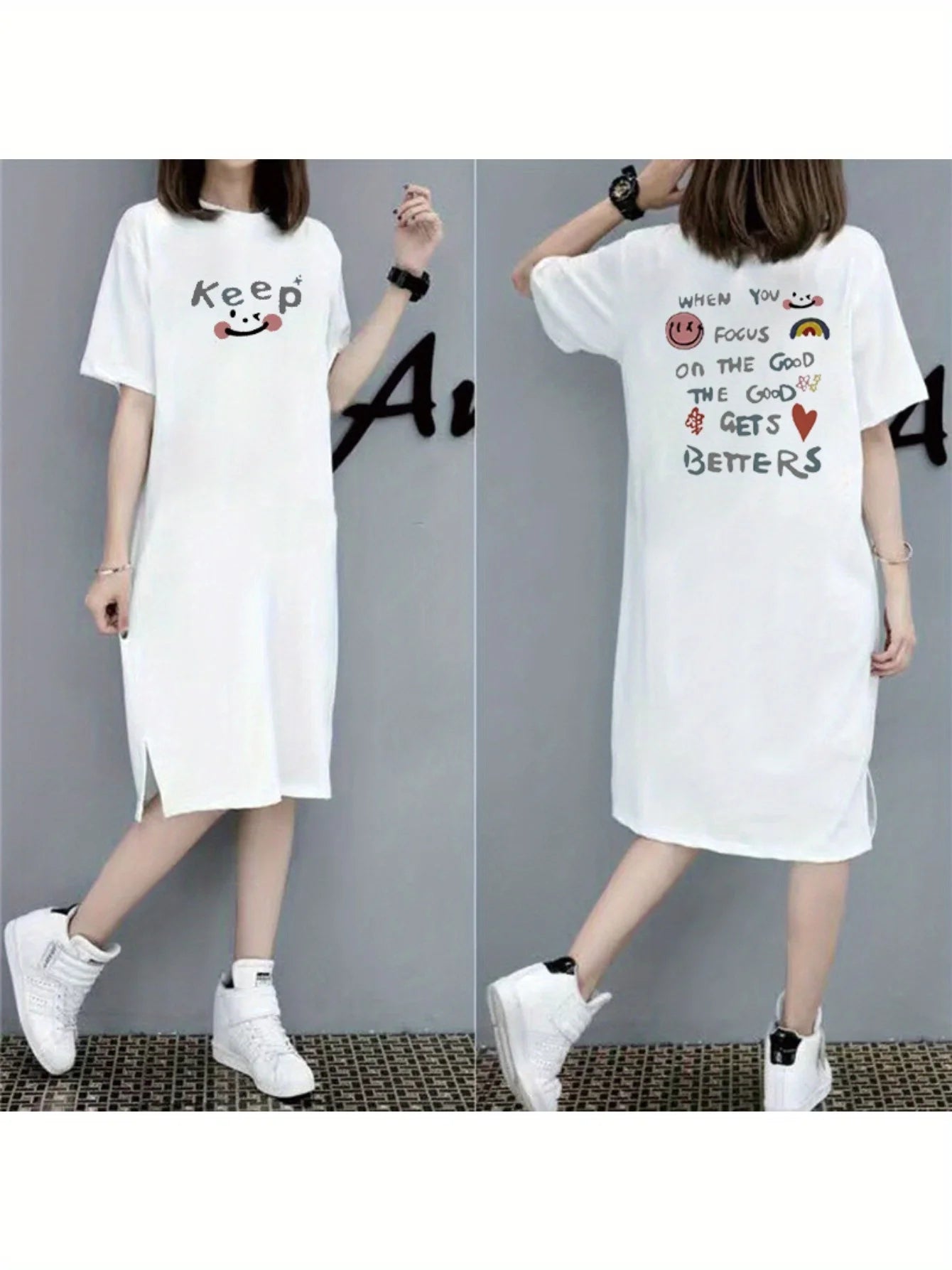 Korean Short-sleeved T-shirt Skirt for Women in Summer Loose T-shirt Skirt Mid-length Over-knee Fashion Slim Long Skirt