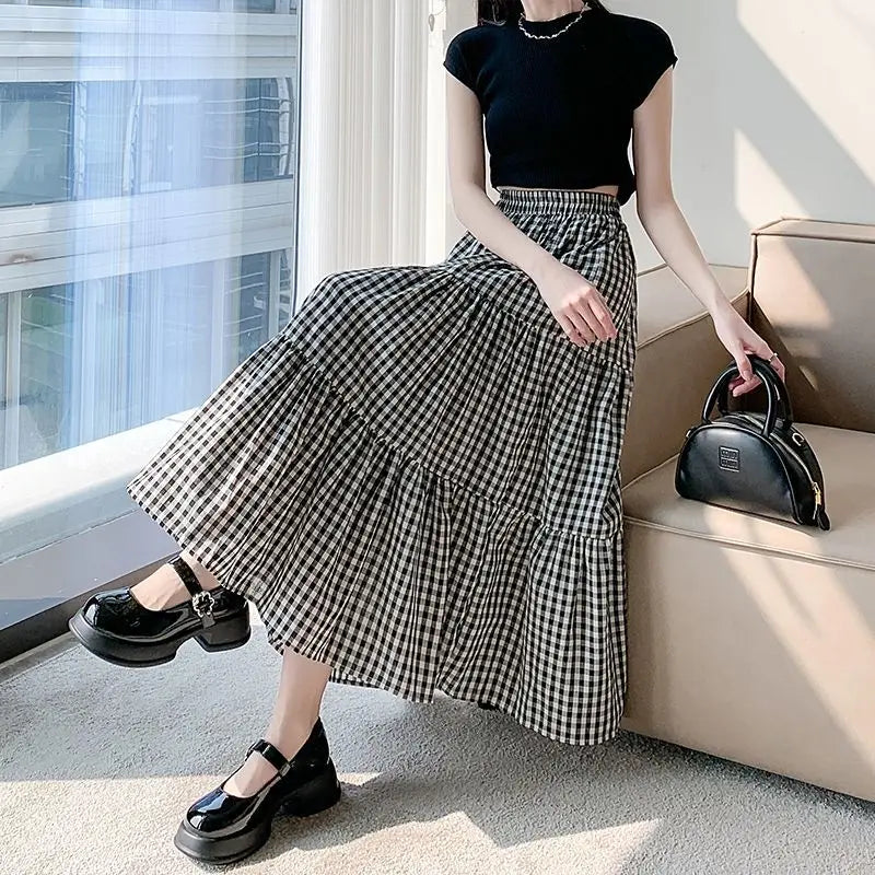 Patchwork Tiered Skirt Women 2025 Summer Vintage Checkered High Waisted Elastic Waist Slimming Midi Skir
