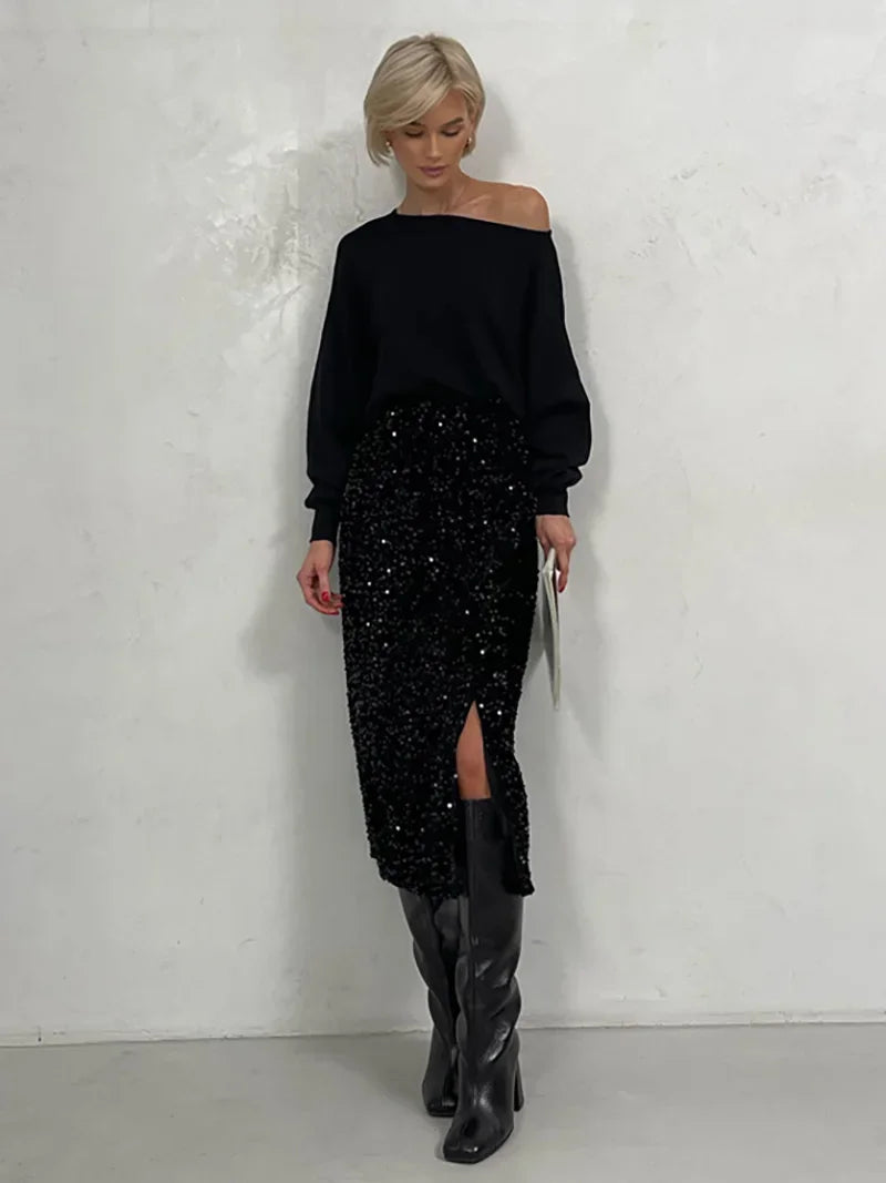 Silver Black Sequin Skirt Women Elegant Vintage Punk Evening Dress Slit Sexy Summer Long Skirt High Waist Midi Skirts For Women