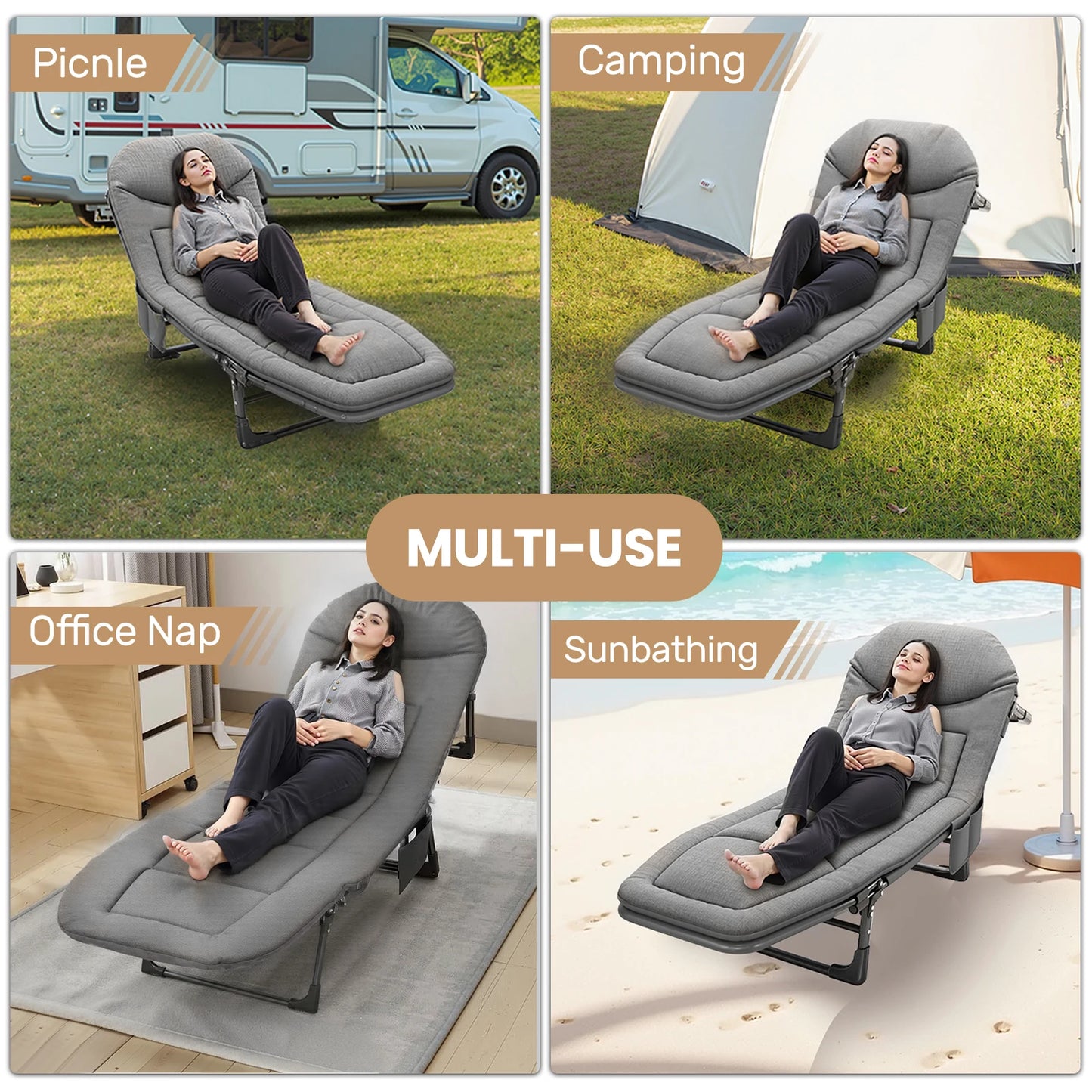 Sun Lounger with Cushion 5-Position Adjustable Folding Sun lounger Portable 200KG Max for Garden Pools Camping Indoor, Gray