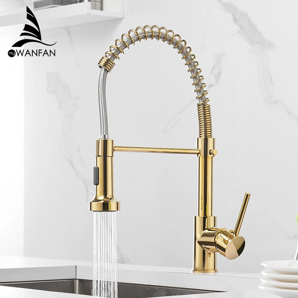 Kitchen Faucets Black Brass Faucets for Kitchen Sink  Single Lever Pull Down Spring Spout Mixers Tap Hot Cold Water Crane 9009