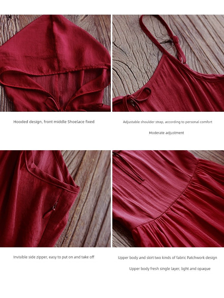 Retro Spaghetti Straps Dress Women's Summer Shawl Red Makeup