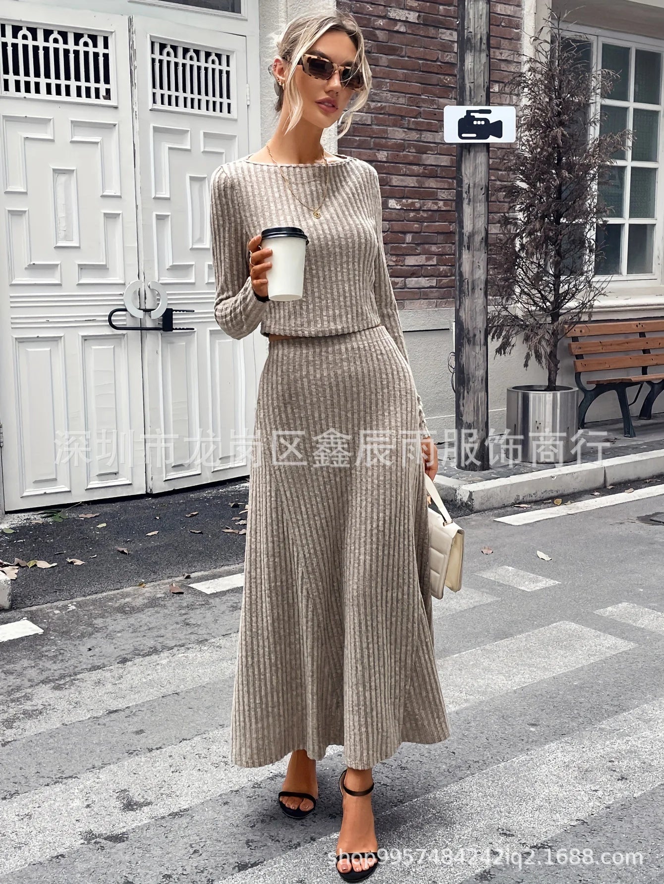 Knit Skirt Sets Women Slim Dress Sets Long Skirts Full Sleeve Tops Matching Sets Spliced Skinny Casual Suits Elegant Lady Autumn