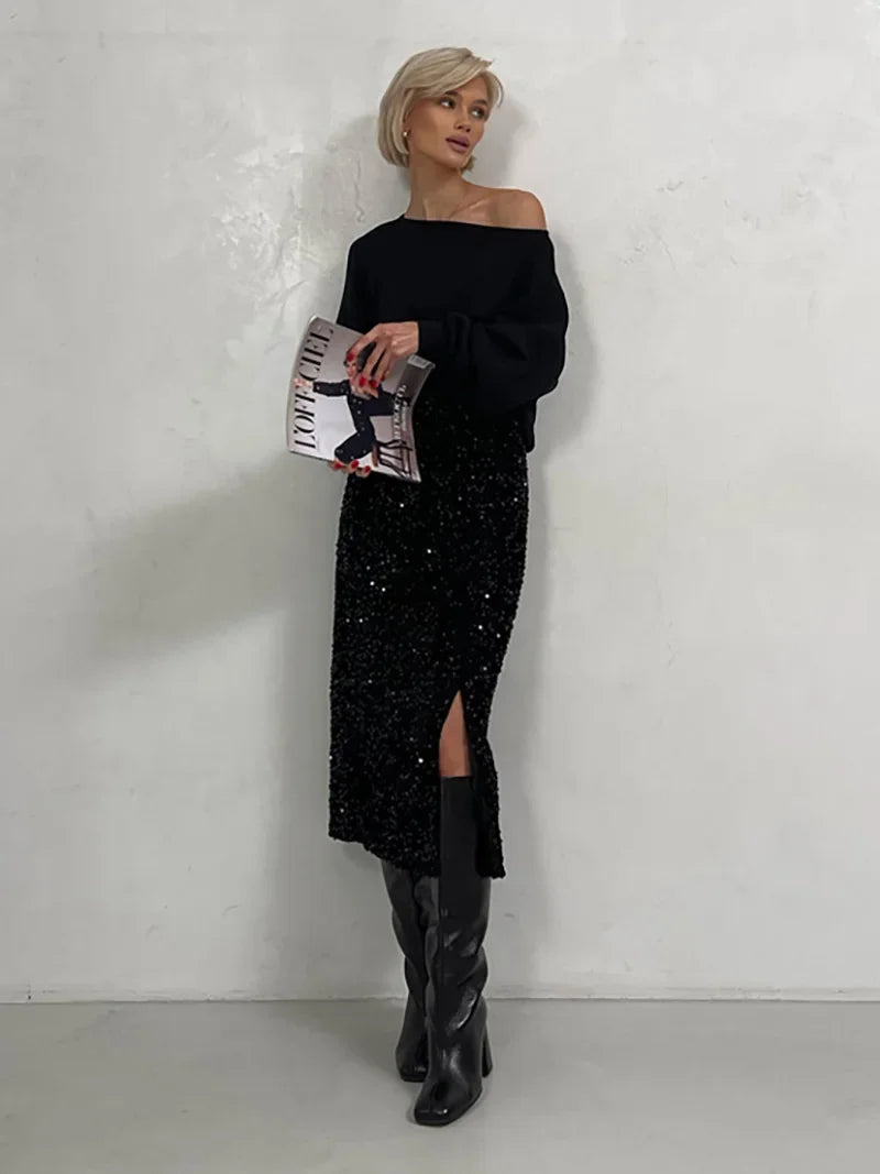 Silver Black Sequin Skirt Women Elegant Vintage Punk Evening Dress Slit Sexy Summer Long Skirt High Waist Midi Skirts For Women
