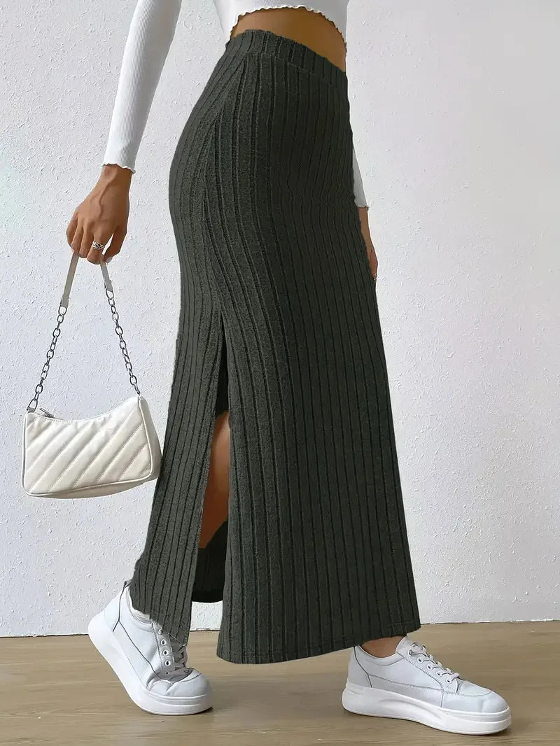 Women's Slit Knitted Skirt 2024 New Solid Color Hip-covering High Waist Side Slim Long Skirt Women's Skirt