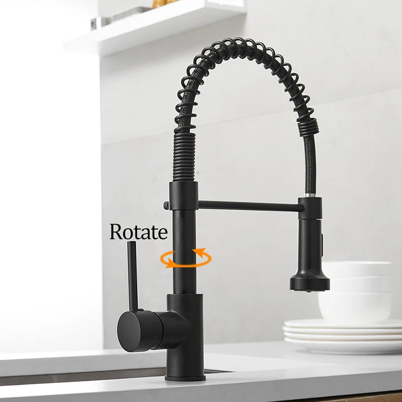 Kitchen Faucets Black Brass Faucets for Kitchen Sink  Single Lever Pull Down Spring Spout Mixers Tap Hot Cold Water Crane 9009