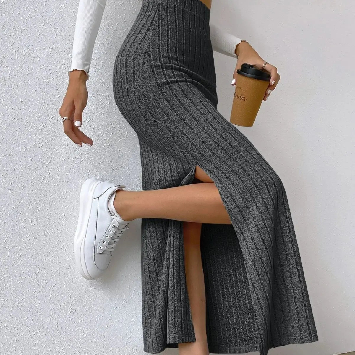 Women's Slit Knitted Skirt 2024 New Solid Color Hip-covering High Waist Side Slim Long Skirt Women's Skirt