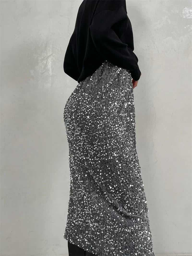 Silver Black Sequin Skirt Women Elegant Vintage Punk Evening Dress Slit Sexy Summer Long Skirt High Waist Midi Skirts For Women
