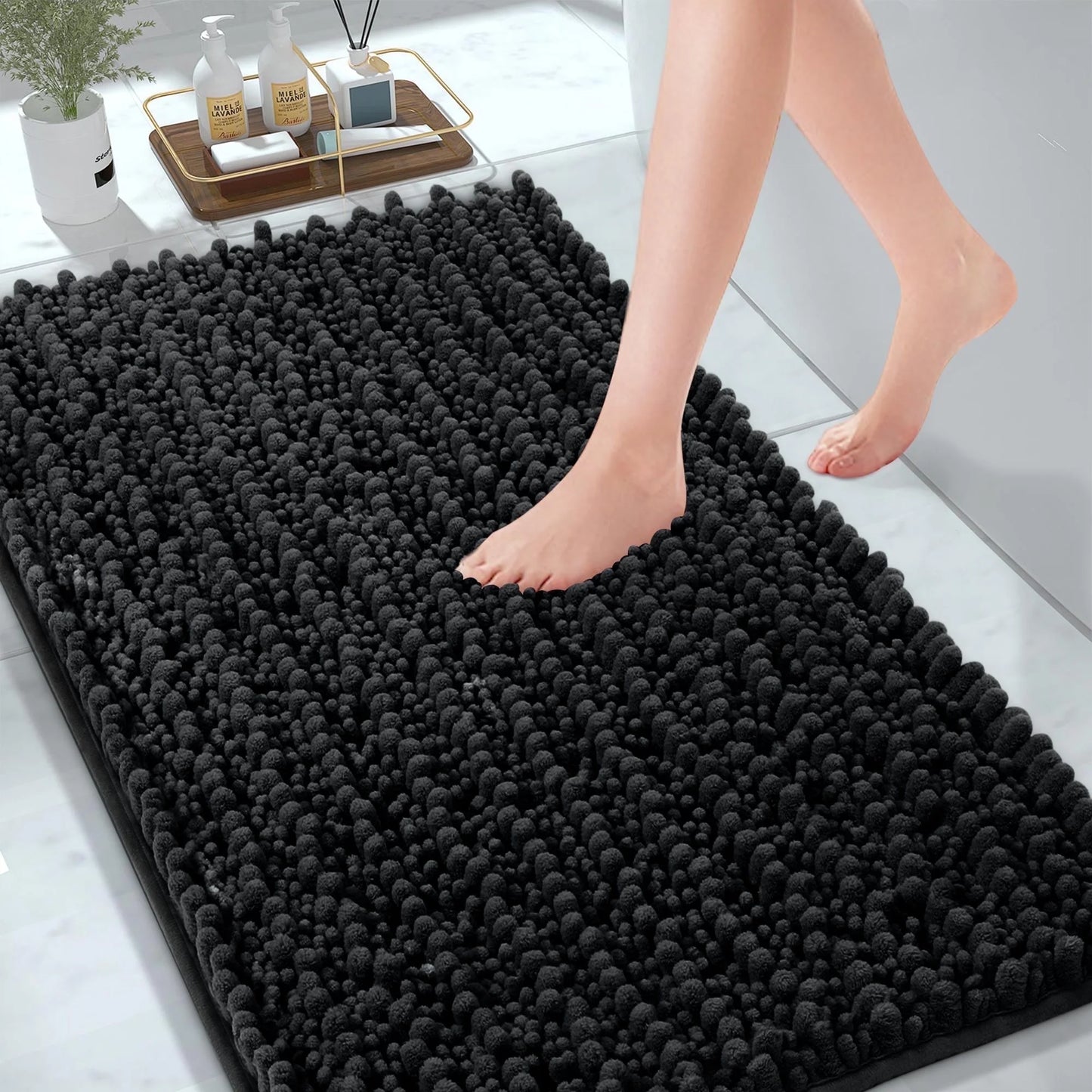 Chenille Bathroom Rugs, 20"X32" Bathroom Rugs Absorbent and Non Slip Ultra Thick Soft Machine Washable Bath Rugs, Black