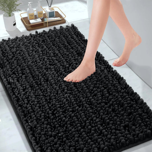 Chenille Bathroom Rugs, 20"X32" Bathroom Rugs Absorbent and Non Slip Ultra Thick Soft Machine Washable Bath Rugs, Black