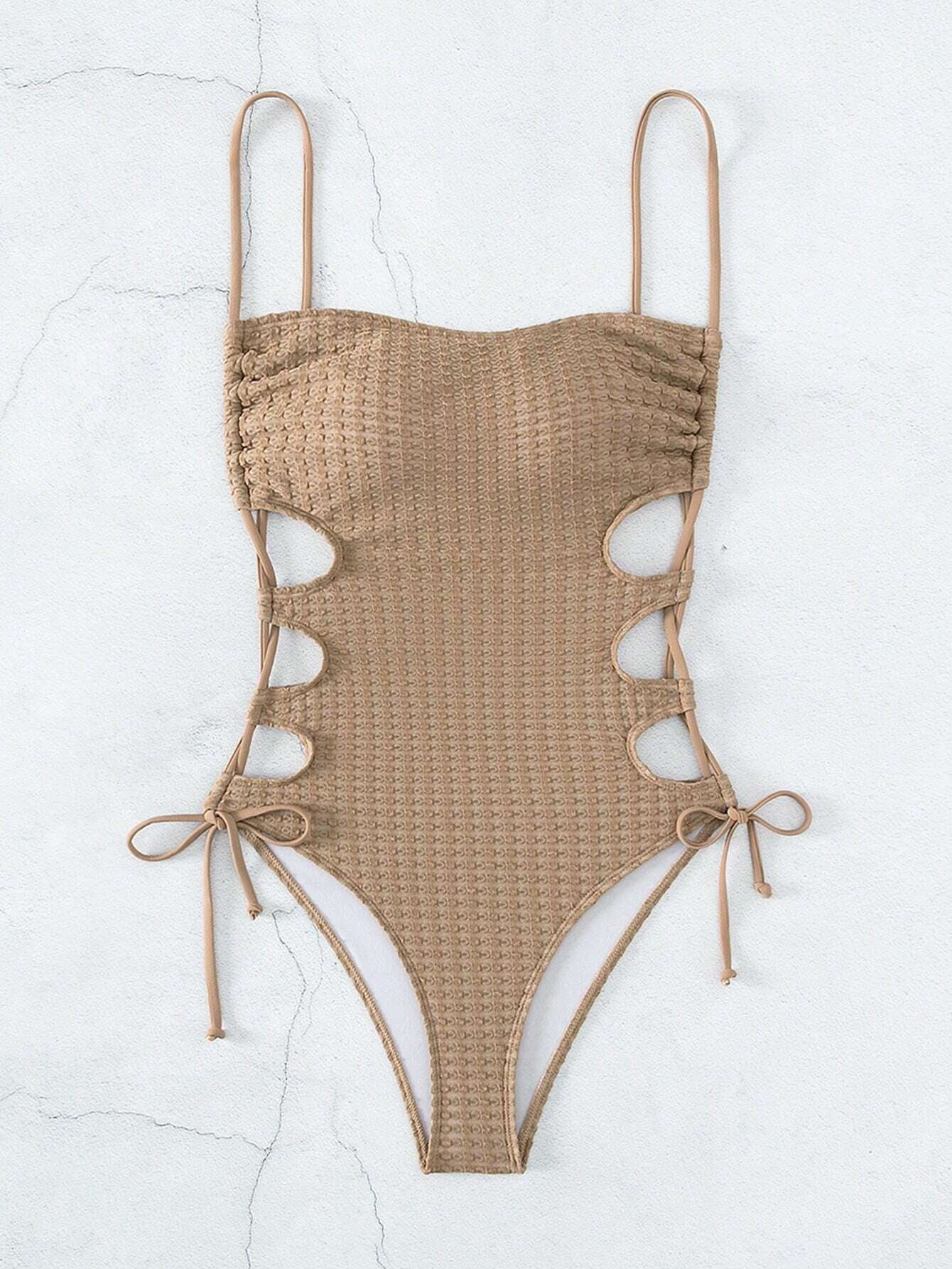 Swim Basics Summer Beach Cut Out Drawstring Side Cami One Piece Swimsuit