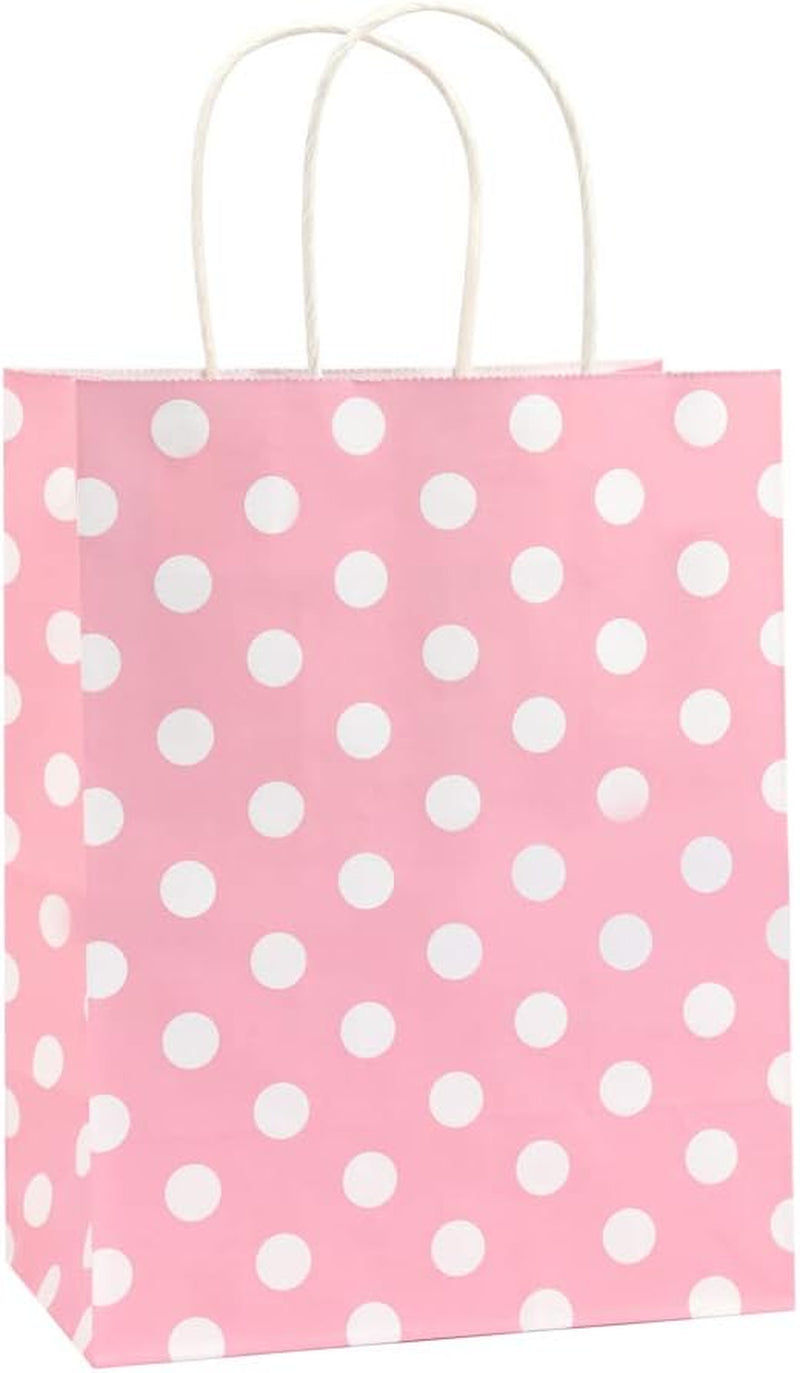 Gift Bags 25Pcs 8X4.25X10.5 Inches Shopping Bags, Paper Bags, Kraft Bags, Retail Bags, Holiday Party Bags, Pink Dot Paper Bags with Handles, Pink Paper Gift Bags