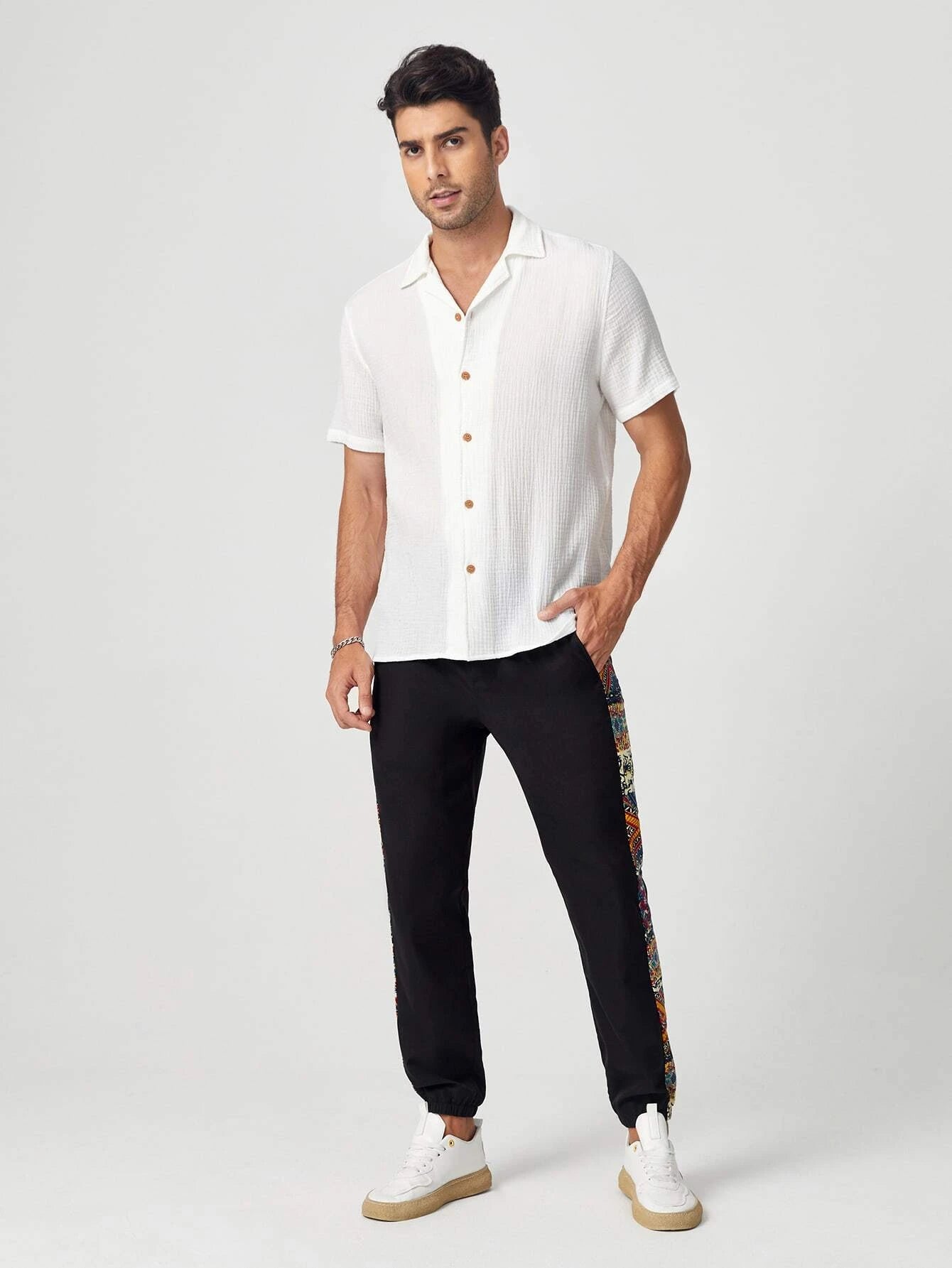 Manfinity Modagents Men Cotton Solid Textured Button Front Shirt