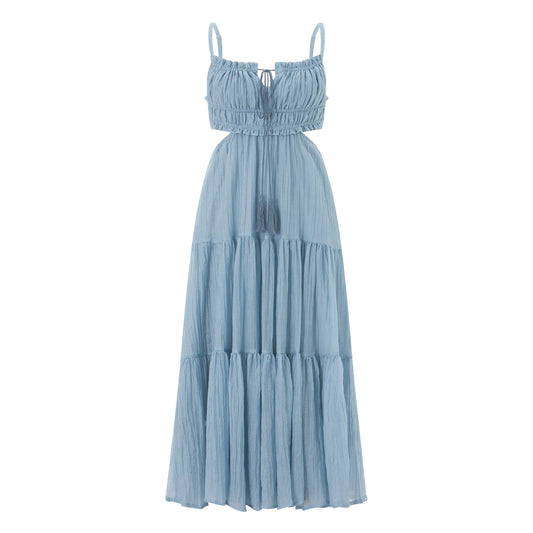 2024 Summer Women Flowy Long Dress Spaghetti Strap Cut Out Backless Ruffle A-Line Dress Bohemian Party Holiday Casual Sundress